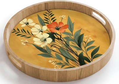 Dienblad rond 40x40 cm - Schootdienblad hout - Bladeren - Boeket - Bloemen - Geel - Borrelplank rechthoek - Plateau houten dienbladen