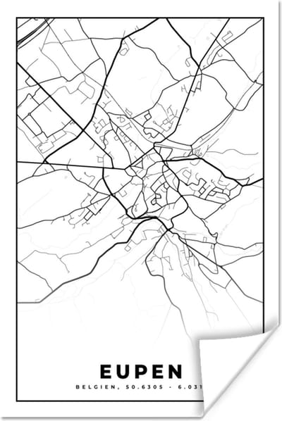 Poster België – Eupen – Stadskaart – Kaart – Zwart Wit – Plattegrond - 120x180 cm XXL