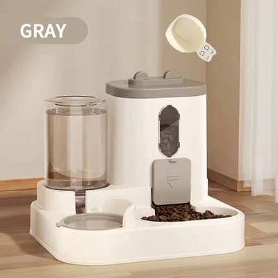 2-in-1 Kattenvoerdispenser Water en Voer Geïntegreerd Volautomatische Kattenvoeding en Waterdispenser Leuke Waterdispenser grijs