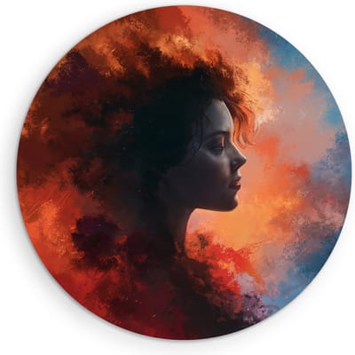 Saammp Muurcirkel Hout - Vrouw tussen rode en blauwe wolken - abstract - Ø 90 - Wandcirkel - Wanddecoratie Cirkel - Muurdecoratie Woonkamer - Slaapkamer decoratie - Rond Schilderij