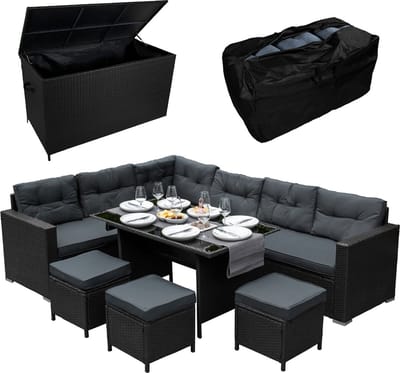 Jardí rattan hoekset & kussenopbergbox - zwart - 9-zits - uv-bestendig