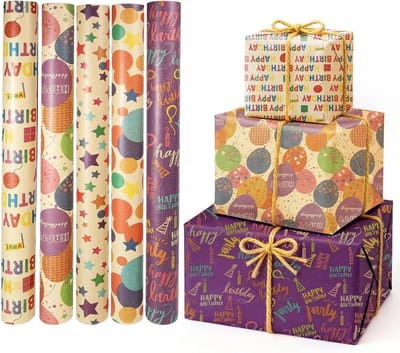 SnelShoppen - 5 Rollen Inpakpapier voor Verjaardagscadeaus, Feestelijk Cadeaupapier, Kleurvol, Perfect voor Verjaardagen, Feesten, en Speciale Gelegen