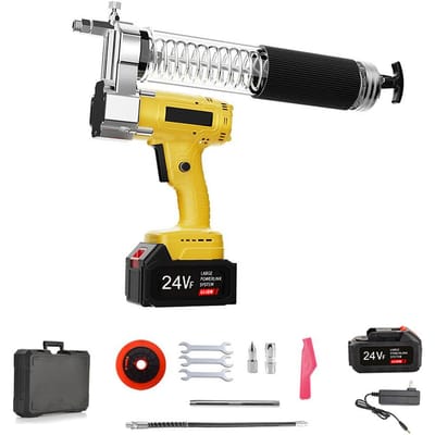 24V Vetspuit Kit, 12000PSI Draadloze Batterij Aangedreven Vetspuit Machine met Veer Slang, Span Pijp, Mondstukken, Draag geel