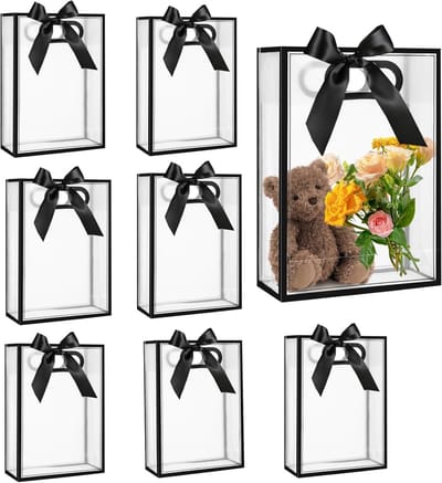 Duurzame Transparante PVC Cadeautassen met Handvatten en Lint - Herbruikbare Plastic Tassen voor Bruiloft, Babyshower en Verjaardag (Zwart, 18x26x8cm)