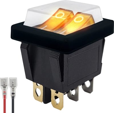 ProRide Dubbele Wipschakelaar ON-OFF KCD6-202 - met Zwart kapje en Aansluitkabel - 3 Polig - 250V/16A - 30x22mm - Oranje met lampje
