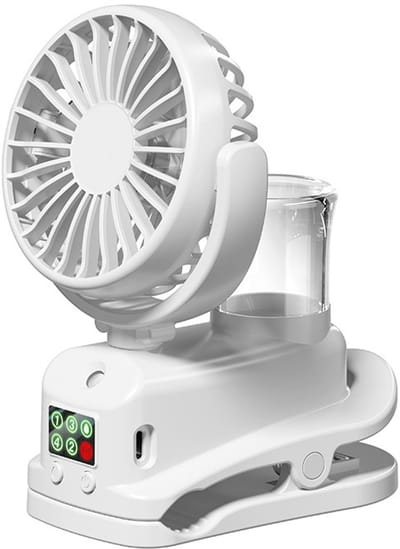 Mini clipventilator - waterspray, 4 snelheden, LED-display, 1200 mAh, voor tent, kantoor en onderweg - Wit