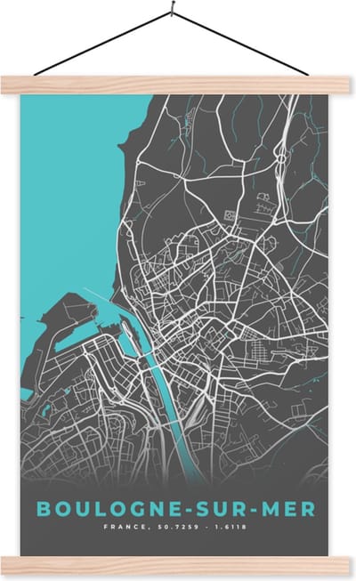 Posterhanger incl. Poster 40x60 cm - Schoolplaat - Frankrijk - Boulogne-sur-Mer - Stadskaart - Kaart - Plattegrond - Textielposter - Blanke latten - Stadskaart