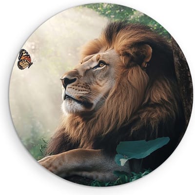 Saammp Muurcirkel Hout - Leeuw met Vlinder - Landschap - Natuur - Ø 90 - Wandcirkel - Wanddecoratie Cirkel - Muurdecoratie Woonkamer - Slaapkamer decoratie - Rond Schilderij