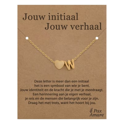 Letter W ketting op Cadeau Kaartje - Jouw initiaal, jouw verhaal - 45cm Goudkleurig Stainless Steel - Initiaal & Hartje Hanger - Pax Amare