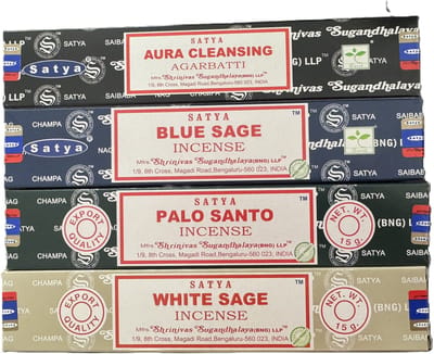 satya - wierook - aura cleansing - camphor - palo santo - white sage - set van 4 doosjes