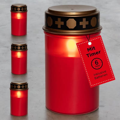 Novaliv LED graflamp met batterij en timer 6/18 rood 4x langdurig LED knippereffect incl. batterijen grafkaarsen begraafplaatskaars gedenkkaars graflantaarn eeuwig licht rouwkaars LED-kaarsen