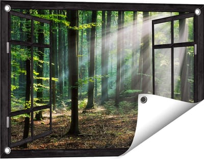 Gards Tuinposter Doorkijk Bos met Zon tussen de Bomen - 60x40 cm - Tuindoek - Tuindecoratie - Wanddecoratie buiten - Tuinschilderij