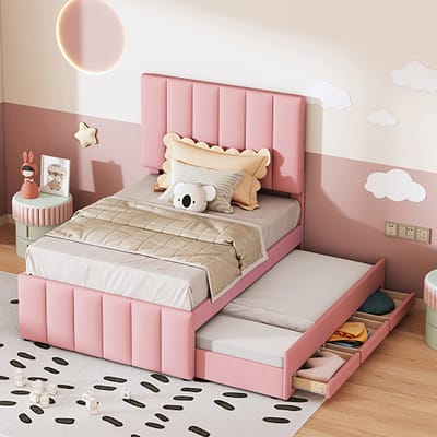 KOMHTOM Bed Volwassenenbed 90x200 cm Eenpersoonsbed met onderschuifbed en opbergladen roze extra bed