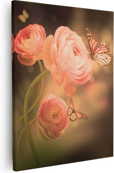 Artaza Canvas Schilderij Bloemen Met Vlinders - 40x50 cm - Wanddecoratie Woonkamer - Muurdecoratie Rozen - Kamer Accessoires