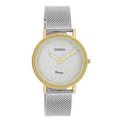 OOZOO Timepieces - Goudkleurige horloge met zilverkleurige metalen mesh armband - C20053