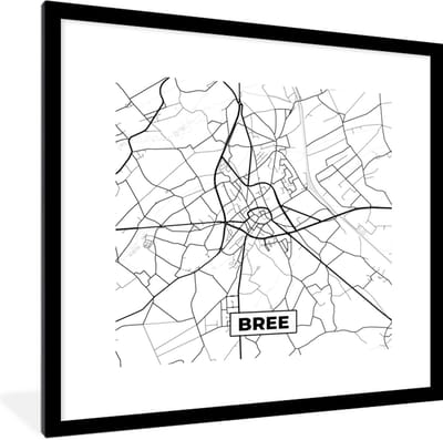 Fotolijst incl. Poster Zwart Wit- Zwart Wit – België – Plattegrond – Stadskaart – Kaart – Bree - 40x40 cm - Posterlijst