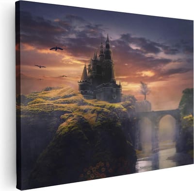 Artaza Canvas Schilderij Kasteel Op Rotsen - 40x30 cm - Klein - Muurdecoratie Bergen - Wanddecoratie Vogels - Kamer Accessoires Fantasielandschap