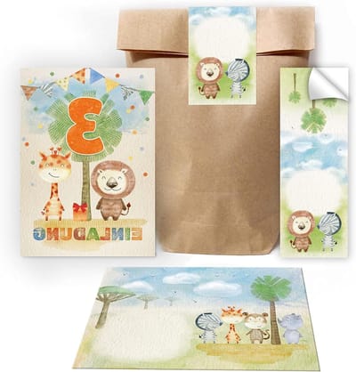 12 uitnodigingskaarten voor de derde verjaardag 3e kinderverjaardag voor meisjes jongens dieren incl. 12 enveloppen, 12 zakjes / natuur, 12 stickers