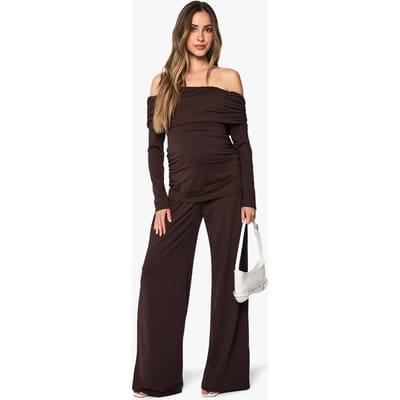 boohoo Dames Zwangerschapsbandeau geraffelde top en wijde pijpenbroek set | Chocoladebruin | Maat: 36
