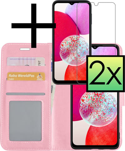 Hoesje - Met 2x Screenprotector - Geschikt voor Samsung Galaxy A14 - Luxe Pasjeshouder - Bookcase Portemonee - Flip Case - Kunstleer Book Case - Flipcase Hoes - Book Cover - Walletcase - Portemonneehoes - Lichtroze