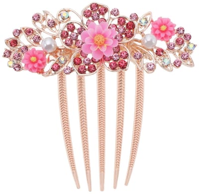 Create idea Bloem Haar Kam Strass Bruiloft Bruid Hoofddeksel Decoratieve Haaraccessoires voor Bruiloft Bruids Franse Twist Bun Volledige Updos Lage Bun Kapsels Roze