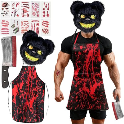 Creepy Berenmasker en Bloederige Schort met Speelkeukenmes en Tattoo Stickers voor Halloween en Carnaval, Perfect voor Horror Kostuums en Feestjes