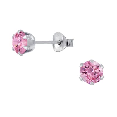 Joy|S - Zilveren ronde oorbellen - 5 mm - zirkonia roze