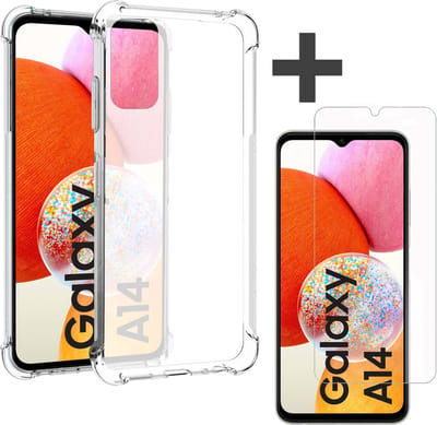 Samsung Galaxy A14 transparant Shockproof hoesje - siliconen backcover Met Screenprotector gehard glas