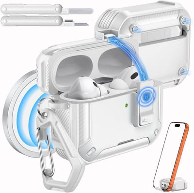 AirPods Pro 3 Hoes met Vergrendeling - Geschikt voor MagSafe, Telefoonstandaard & Auto Pop-up, Militaire Bescherming met Schoonmaakset, Wit