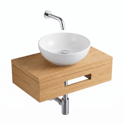 Saniclass Terra Fonteinplank - 40x25x10cm - met handdoekhouder - waskom (glans) - fonteinkraan (chroom) - afvoerplug - sifon - sandwood (licht eiken)