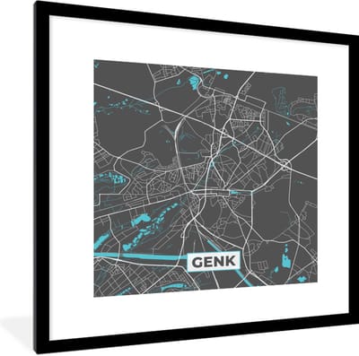 Fotolijst incl. Poster - België – Genk – Stadskaart – Kaart – Blauw – Plattegrond - 40x40 cm - Posterlijst