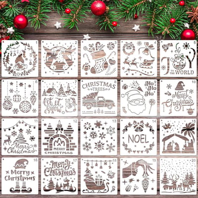 Dailygoods- Kerstsjablonen 20-delig - Herbruikbare Sjablonen - 15 x 15 cm - Kunststof - Voor Hout/Muur/Canvas - Creatieve Projecten