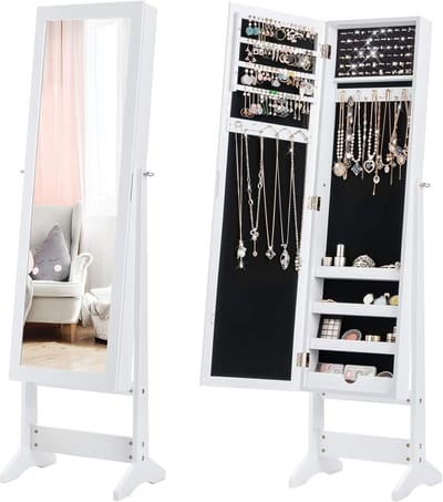 COSTWAY Sieradenkast, met spiegel over de gehele lengte, vrijstaande sieraden kast, met 64 oorbelgaten, 20 kettinghaken, 72 ringgaten, 4 planken voor make-up, 2-in-1 grote capaciteit sieraden organisator, 3 hoekinstelbare