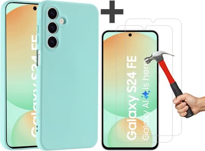 Hoesje geschikt voor Samsung Galaxy S24 FE hoesje zacht siliconen met 2 Stuks gehard glas Screenprotectors- Arara backcover - Mint Groen