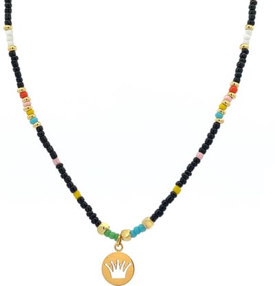 CO88 Collection 8CN-26314 Stalen Ketting met Kralen - Dames - Goudkleurig - 3 mm - Zwart Mix - 2,5 mm - Kroon - 10 mm - Lengte 40 + 5 cm - Multi