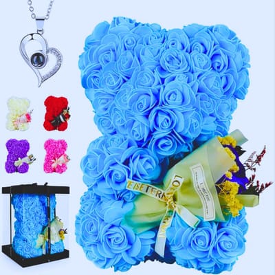 Handgemaakte Blauwe Rozenbeer – Uniek Cadeau Voor Valentijn - Moederdag Of Verjaardag – Inclusief Luxe Transparante Geschenkdoos (10 inch)