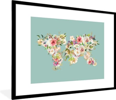 Poster in lijst - Fotolijst 80x60 cm - Posters - Wereldkaart - Bloemen - Pastel - Posterlijst zwart - Decoratie - Wanddecoratie woonkamer - Muurdecoratie slaapkamer