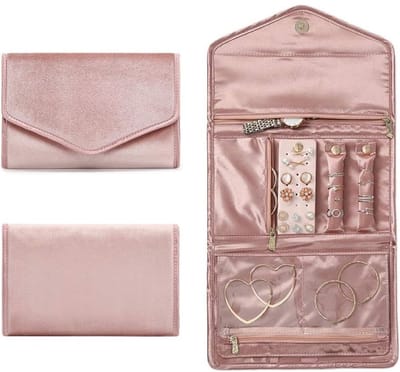 Famanu - Sieraden Rolls, Reizen Sieraden Organizer Roll, Opvouwbare Sieraden Case, Vrouwen Sieraden Opbergtas voor Kettingen, Oorbellen, Armbanden, Horloges, Broches van (Velvet-Roze)