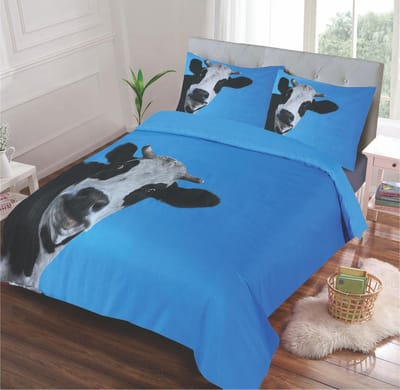 Trendy Koe Print Dekbedovertrek Set Zwart Wit Blauw - Tweepersoons 200x220 cm + 2 Kussenslopen 60x70 cm