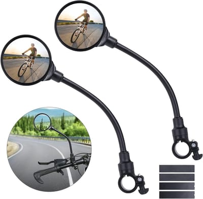 Set van 2 ronde verstelbare fiets achteruitkijkspiegels met flexibele steel, meerdere rubberen vulstukken en opbergdoos, universele zwarte spiegels voor alle soorten fietsen en e-bikes