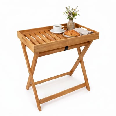 Lomera Bijzettafel Inklapbaar met Afneembaar Dienblad - Dienbladtafel - Klaptafel van Hardhout - Koffietafel - Banktafel - Snacktafel - Laptoptafel - TV-Tray - Balkontafel - Tuintafel - Butlertray