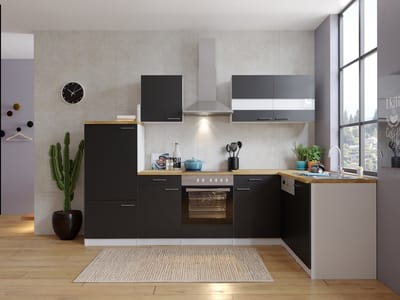 Hoekkeuken 280  cm - complete keuken met apparatuur Malia  - Wit/Zwart - soft close - keramische kookplaat - vaatwasser - afzuigkap - oven    - spoelbak