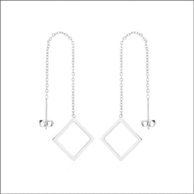 Aramat Jewels | Oorhangers | RVS Ruit Doortrek Oorbellen met Kettinkje - Geometrische Hangers | Zilverkleurig | | | | Volwassenen | Verkleurd niet
