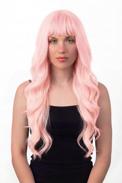 KIMU® Luxe Lange Roze Pruik Met Slag - Rechte Pony - Haarwerk met Krullen Pony - Suikerspin Lichtroze Oudroze Poederroze Festival