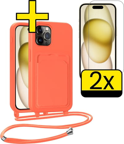 Hoesje Geschikt voor iPhone 14 Pro Telefoonhoesje Met Koord Case Pashouder Met 2x Screenprotector Siliconen - Hoes Geschikt voor iPhone 14 Pro Hoesje Met Kaarthouder - Papaya