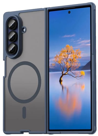 MobyDefend Hoesje - Geschikt voor Samsung Galaxy Z Fold 7 - Case Geschikt voor MagSafe - Mat Transparant Met Gekleurde Rand - Blauw