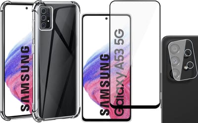 Hoesje geschikt voor Samsung Galaxy A53 - Anti Shock Proof Siliconen Back Cover Case Hoes Transparant - Full Tempered Glass Screenprotector - Camera Lens Protector