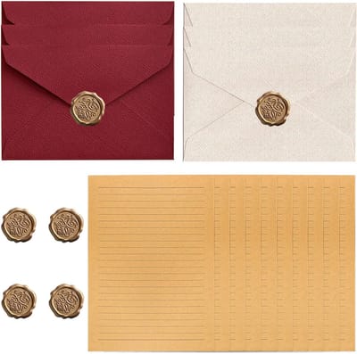 Vintage Briefpapier Set met 6 Linnen Enveloppen en Waszegels voor Trouwen, Uitnodigingen en Kaarten