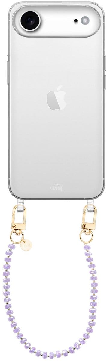 xoxo Wildhearts siliconen hoesje geschikt voor iPhone 17 Air hoesje - Crystal (Paars) - Telefoonhoesje - Hoesje met koord - Kristal ketting - Kristallen met gouden details - kort telefoonkoord - Transparant hoesje