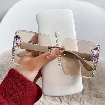 Trendy Extra Grote Rechthoekige Bril Dames Premium Vintage Randloos Zonnebril Diamant Decoratie Bril UV Bescherming 400 Bril